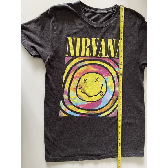 Nirvana Smiley Face 90’s Music Band Tie Dye Logo Graphic Tee Grey T-shirt, XS - Picture 5 of 8